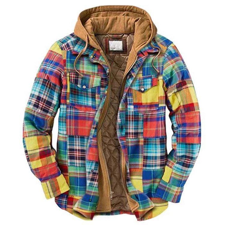 Stevvex men's plaid hooded jacket with brown quilted lining, colorful puffer outdoor coat on Tampa Home & Garden Store