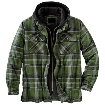 Men's plaid hooded shirt jacket by Stevvex in green and gray with zip front and chest pockets on Tampa Home & Garden Store