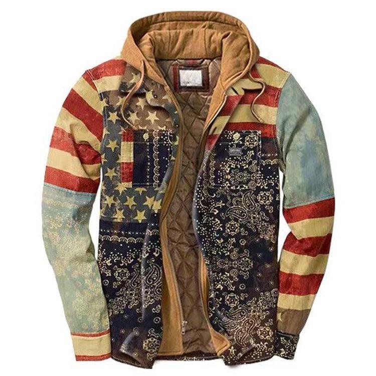 Men's patchwork hooded puffer jacket with flag and bandana, brown quilted lining by Stevvex on Tampa Home & Garden Store