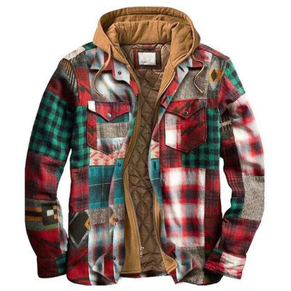 Stevvex men's plaid hooded jacket with quilted lining, multicolor patchwork outer fabric on Tampa Home & Garden Store