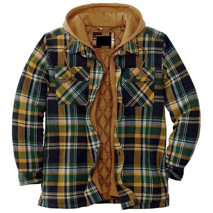 Men's plaid hooded shirt jacket with quilted brown lining Stevvex on Tampa Home & Garden Store