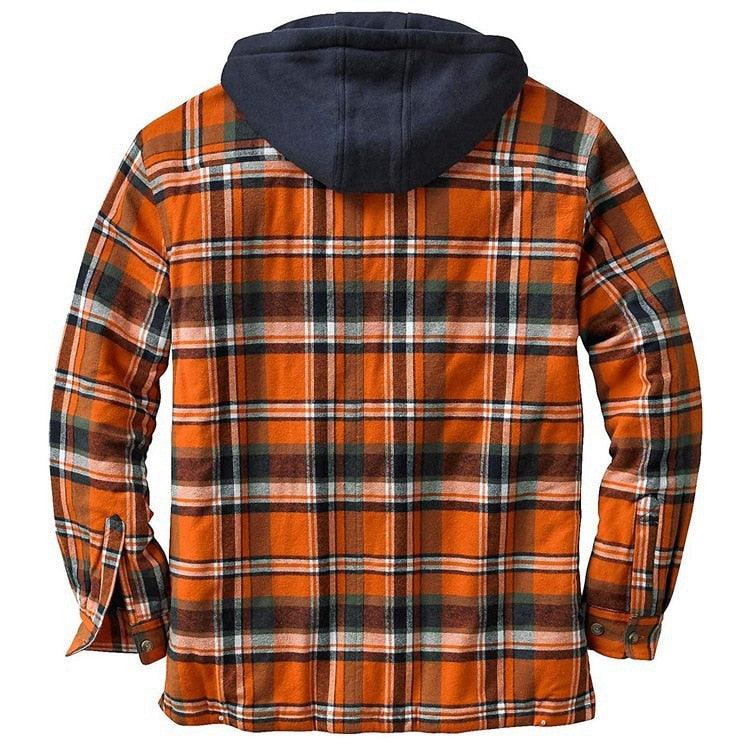 Men's orange plaid hooded puffer jacket with navy hood Stevvex outerwear on Tampa Home & Garden Store