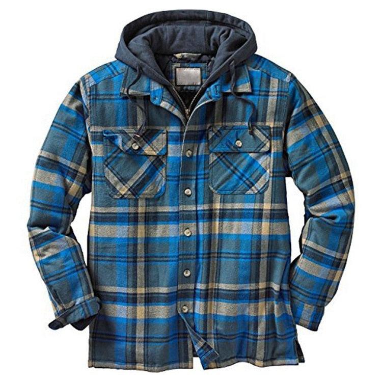 Men's blue plaid hooded shirt jacket with front chest pockets Stevvex on Tampa Home & Garden Store