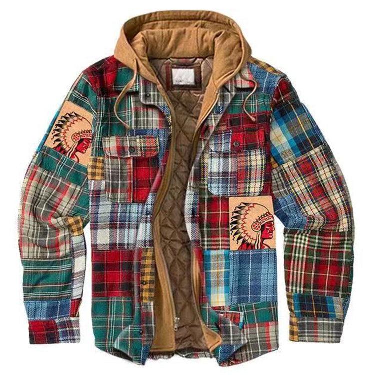 Men's plaid hooded patchwork puffer jacket by Stevvex, quilted outer STIL7WC766HDF on Tampa Home & Garden Store