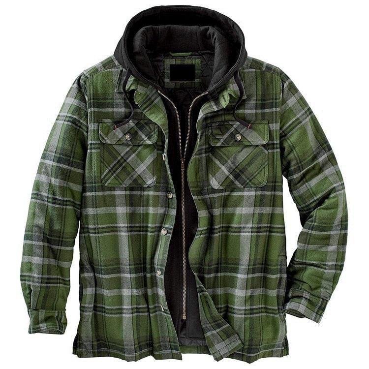 Mens plaid hooded jacket in green flannel with zip front and chest pockets Stevvex on Tampa Home & Garden Store