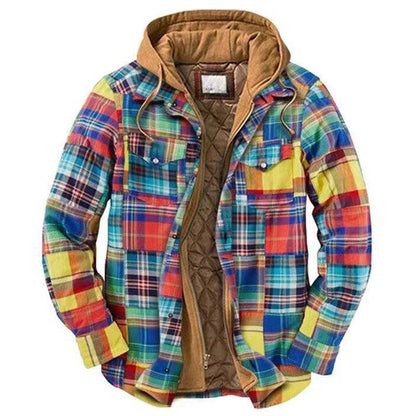 Stevvex men's plaid hooded jacket with brown quilted lining, colorful checkered exterior on Tampa Home & Garden Store