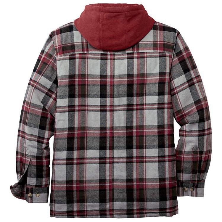 Men's plaid hooded shirt jacket, grey-red plaid, long sleeves outerwear by Stevvex on Tampa Home & Garden Store