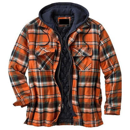 Men's plaid hooded jacket Stevvex orange check with navy lining and quilted lining casual wear on Tampa Home & Garden Store
