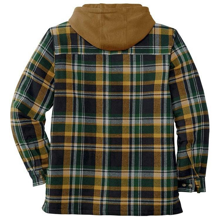 Men's plaid hooded shirt jacket in green mustard plaid with tan hood and long sleeves on Tampa Home & Garden Store