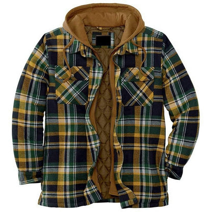 Men's Stevvex plaid hooded jacket with brown quilted lining, green mustard navy check outerwear on Tampa Home & Garden Store