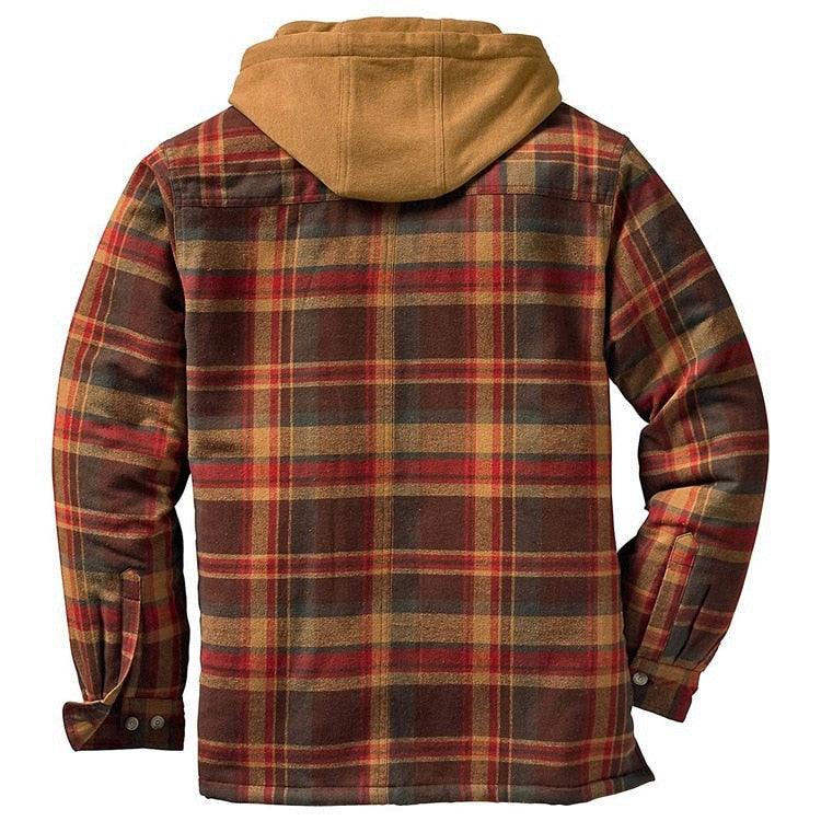 Men's hooded plaid shirt jacket by Stevvex, brown-red tan check pattern, long sleeve warm casual outerwear on Tampa Home & Garden Store