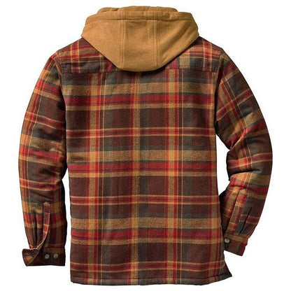Men's hooded plaid shirt jacket by Stevvex, brown-red tan check pattern, long sleeve warm casual outerwear on Tampa Home & Garden Store