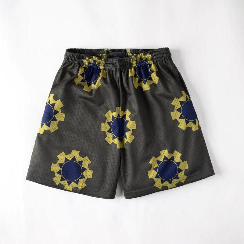 Stevvex men's mesh quick-dry shorts dark gray with yellow sun blue pattern elastic waist pockets on Tampa Home & Garden Store