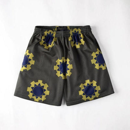 Stevvex men's mesh quick-dry shorts dark gray with yellow sun blue pattern elastic waist pockets on Tampa Home & Garden Store