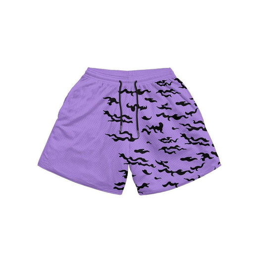 Men's Stevvex shorts purple mesh quick-dry with drawstring and black camo print pockets on Tampa Home & Garden Store
