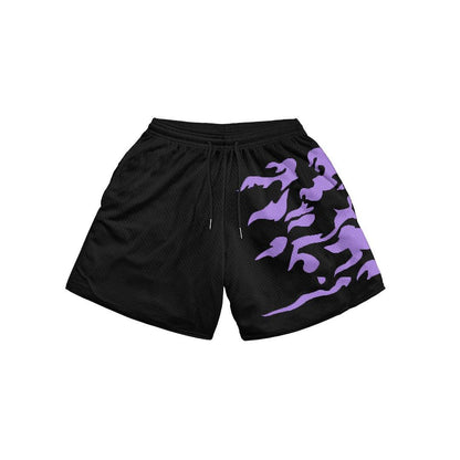 Men's mesh shorts with elastic drawstring, black with purple camo print, quick-dry fabric on Tampa Home & Garden Store