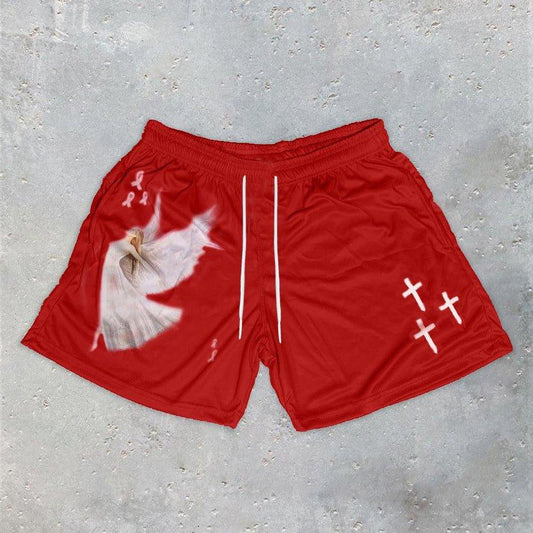 Men's red quick-dry mesh shorts with elastic waist, pockets, white drawstrings on Tampa Home & Garden Store