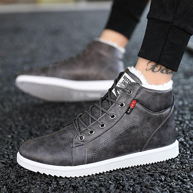 Men's black Stevvex high-top winter boots with faux fur lining, leather upper, white sole on Tampa Home & Garden Store