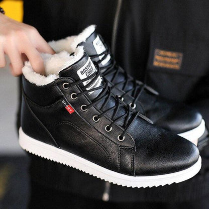 Stevvex men's black winter boots with plush fur lining, high-top leather boots on Tampa Home & Garden Store