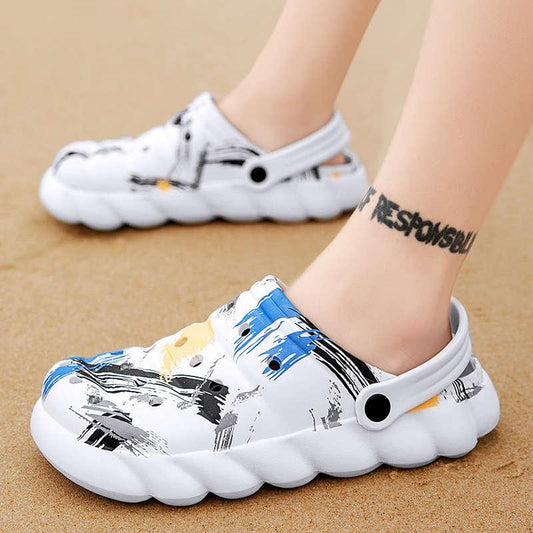 Stevvex men's rubber sandals with abstract white blue yellow black pattern lightweight clogs on Tampa Home & Garden Store