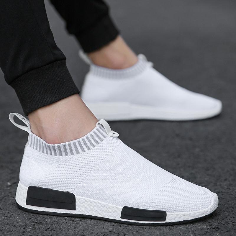 Stevvex men's white breathable running sneakers with knit sock collar and mesh upper on Tampa Home & Garden Store