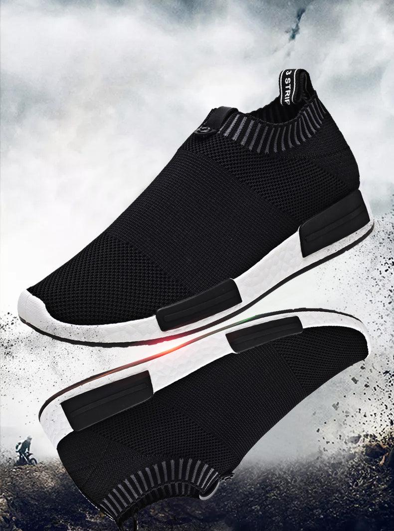 Stevvex men's breathable knit running sneakers, black upper with white sole, pair on Tampa Home & Garden Store