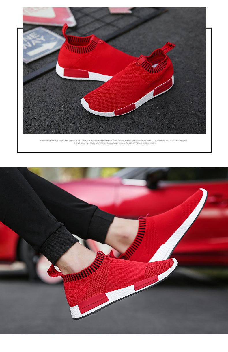 Men's Stevvex red knit breathable slip-on sneakers with white sole on asphalt on Tampa Home & Garden Store
Red knit Stevvex sneakers on feet with black pants and white sole, casual sporty look on Tampa Home & Garden Store