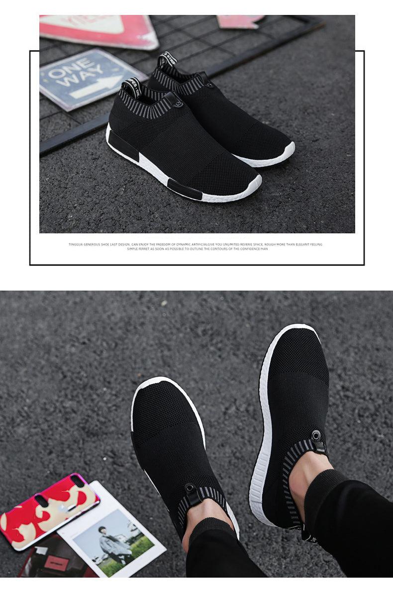 Stevvex men's breathable running sneakers black knit upper with white outsole slip-on mesh casual athletic shoes on Tampa Home & Garden Store