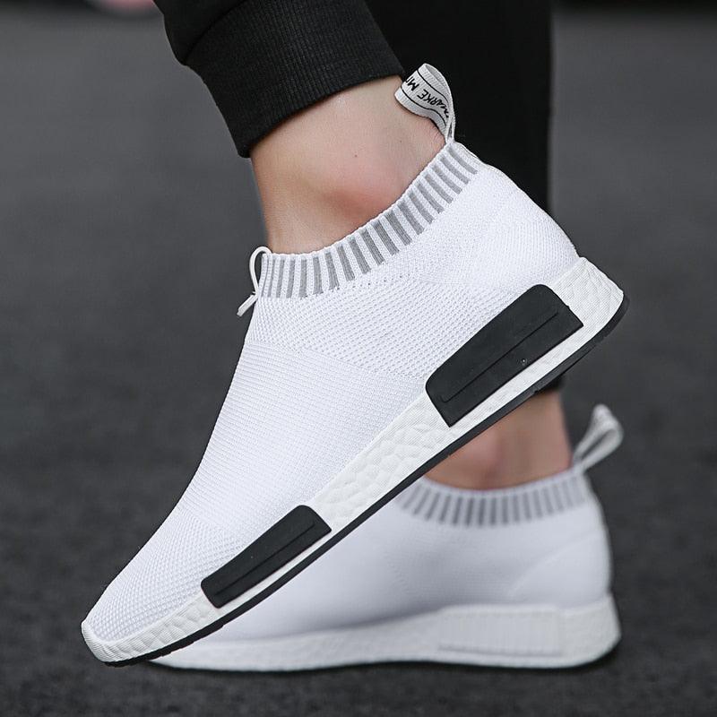 Stevvex men's white knit running sneakers with sock collar and breathable mesh upper on Tampa Home & Garden Store