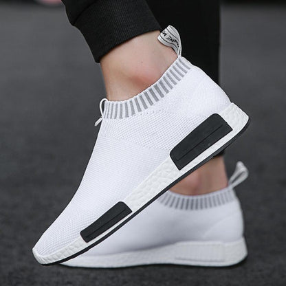 Stevvex men's white knit running sneakers with sock collar and breathable mesh upper on Tampa Home & Garden Store