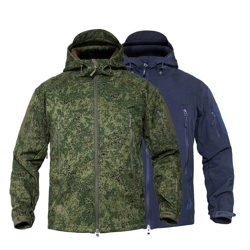 Stevvex men's camouflage jackets in green camo and navy blue; hooded windbreakers with zip pockets on Tampa Home & Garden Store