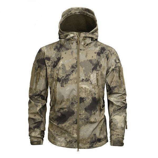 Men's camouflage tactical jacket by Stevvex, green camo, water-resistant hooded windbreaker on Tampa Home & Garden Store