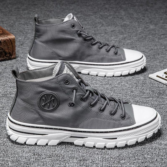 Stevvex men's gray canvas high-top sneakers with white toe cap, black laces, chunky sole on Tampa Home & Garden Store