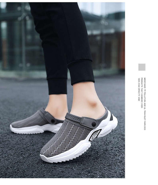 Stevvex men's breathable gray mesh slip-on slippers with white sole and strap detail on Tampa Home & Garden Store