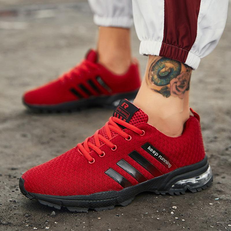 Men's red mesh sneakers Stevvex with air cushion sole and black side stripes on outsole on Tampa Home & Garden Store