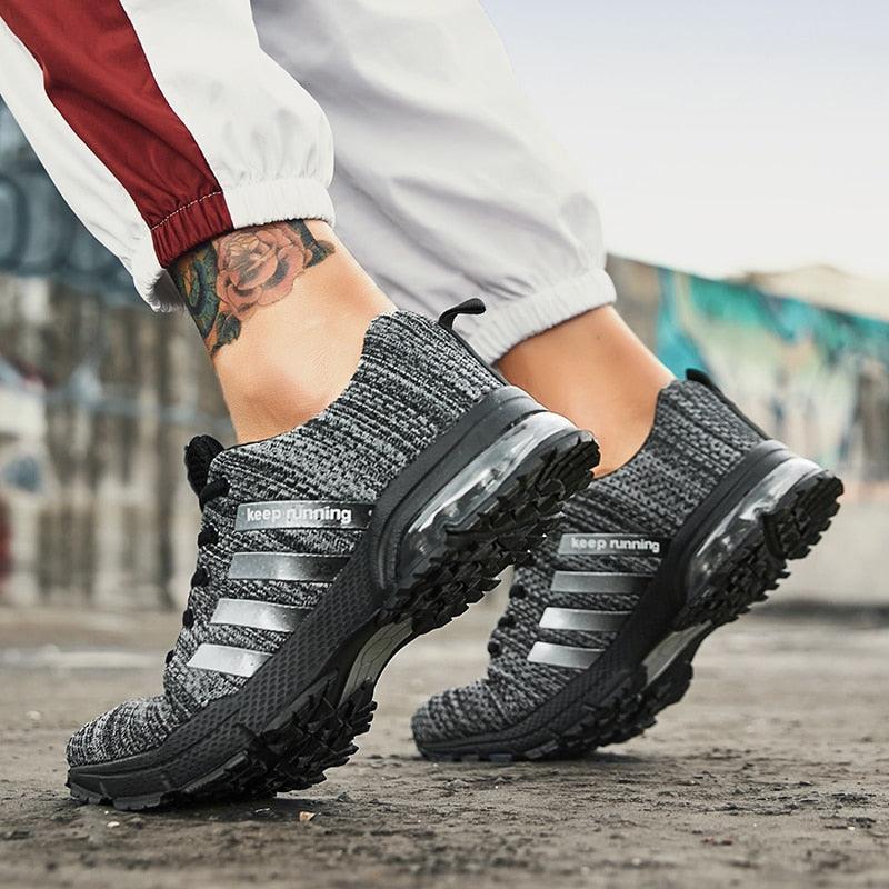 Stevvex breathable mesh running shoes gray/black with keep running strap and air cushion sole on Tampa Home & Garden Store