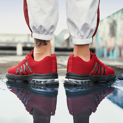 Stevvex red breathable mesh running shoes with air cushion sole pair for workouts on Tampa Home & Garden Store
