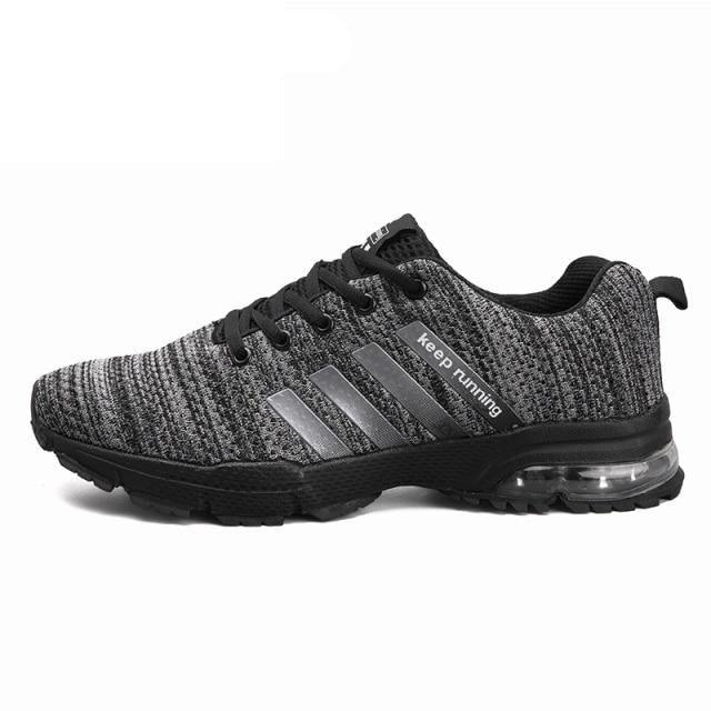 Stevvex breathable knit sneakers with gray upper, side stripes and air cushion heel on Tampa Home & Garden Store