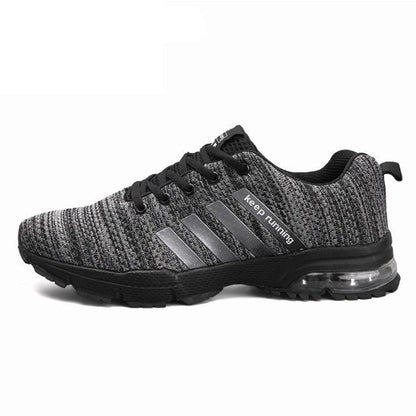 Stevvex breathable knit sneakers with gray upper, side stripes and air cushion heel on Tampa Home & Garden Store