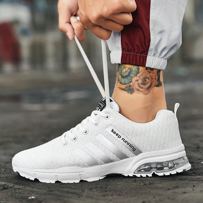 Men's white breathable mesh sneakers with air cushion sole on Tampa Home & Garden Store