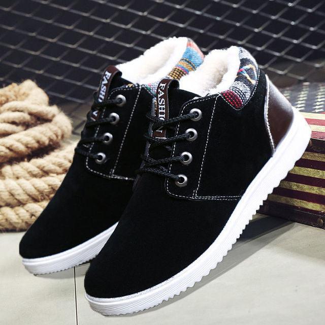 Stevvex men's black velvet snow boots with white sole, plush fleece lining and lace-up front on Tampa Home & Garden Store