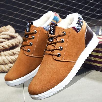 Men's Stevvex winter snow boots, tan suede with plush velvet lining and white ridged sole on Tampa Home & Garden Store