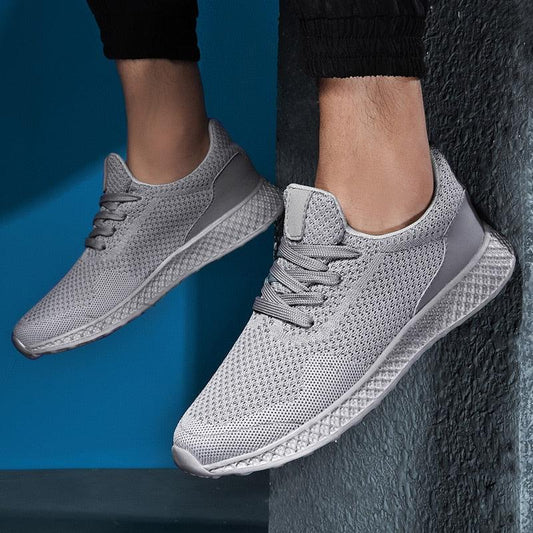 Men's breathable mesh sneakers, light gray knit upper, lace-up athletic running shoes pair on Tampa Home & Garden Store