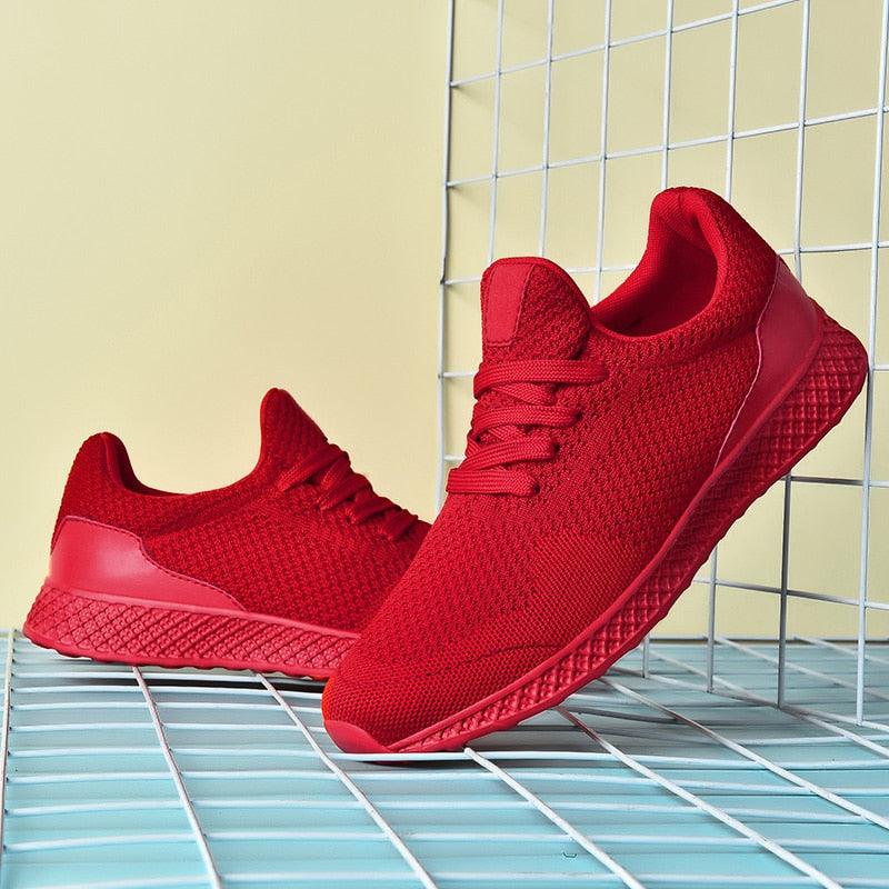 Men's Stevvex red breathable mesh sneakers pair with lace-up design on Tampa Home & Garden Store