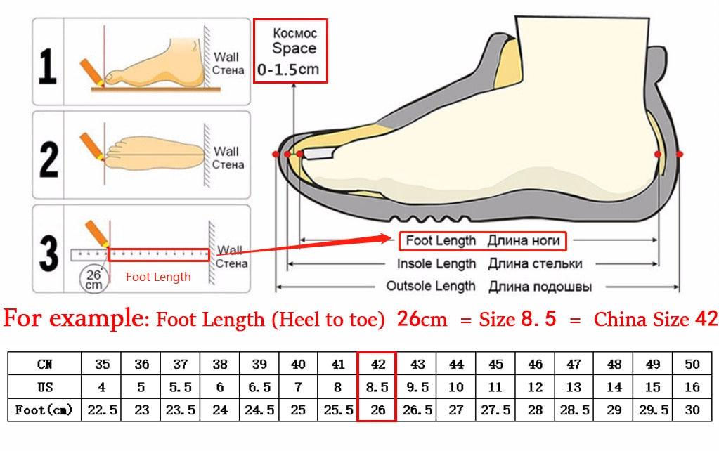 Stevvex sneakers sizing diagram showing foot-length measurement steps and CN/US size chart on Tampa Home & Garden Store