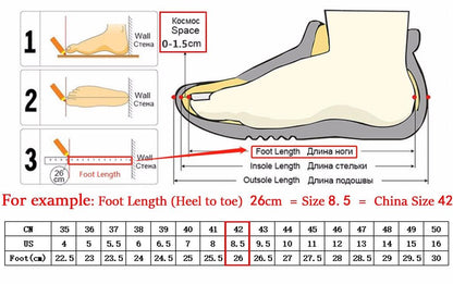 Stevvex sneakers sizing diagram showing foot-length measurement steps and CN/US size chart on Tampa Home & Garden Store