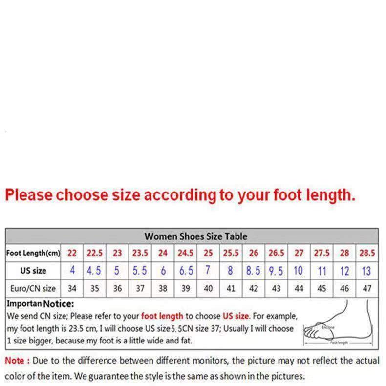 Women's shoe size table showing foot lengths in cm and US/EU/CN sizes; size guidance on Tampa Home & Garden Store