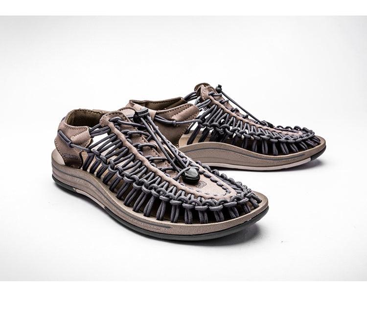 Men's hand-woven espadrille sandals by Stevvex, tan upper with black woven straps, non-slip sole on Tampa Home & Garden Store