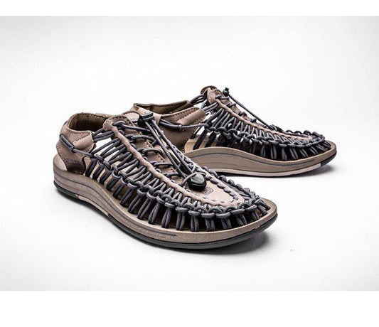 Men's hand-woven espadrille sandals by Stevvex, tan upper with black woven straps, non-slip sole on Tampa Home & Garden Store