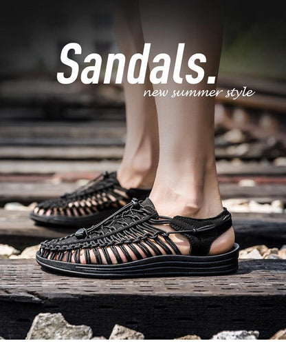 Stevvex men's black hand-woven espadrille slippers, outdoor non-slip sandals, 2 sandals shown on Tampa Home & Garden Store